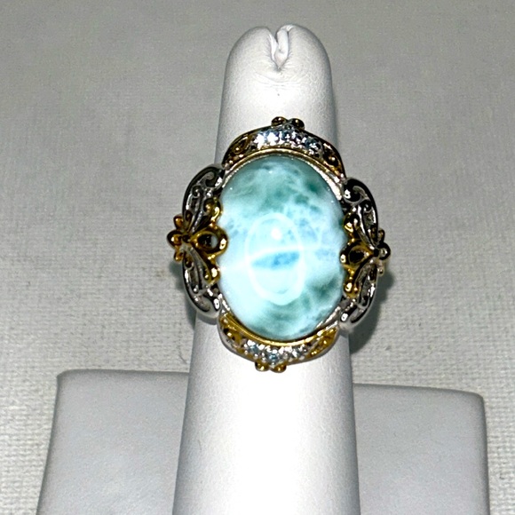 Gems En Vogue Jewelry - Gems en Vogue Sterling 18K Accent Genuine Larimar Blue Topaz Gemstone Ring Boho